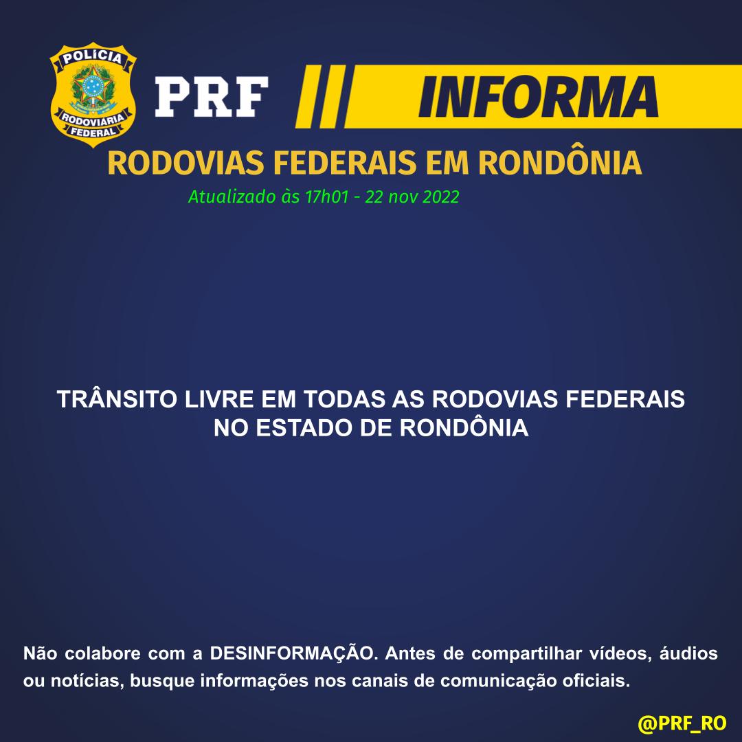 Rodovias federais de Rondônia estão livres de interdições, diz PRF