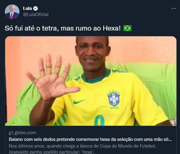 

Lula brinca com baiano de 6 dedos: 'Só fui até o tetra, mas rumo ao hexa'