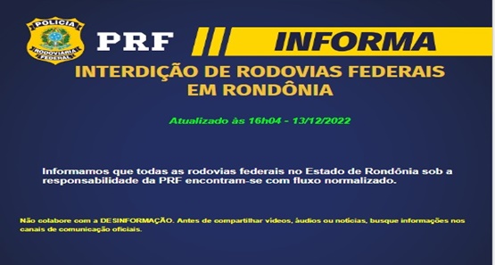 Não há mais pontos de bloqueio em rodovias federais de RO, diz PRF