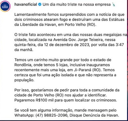 Havan emite nota sobre incêndio criminoso da Estátua da loja I