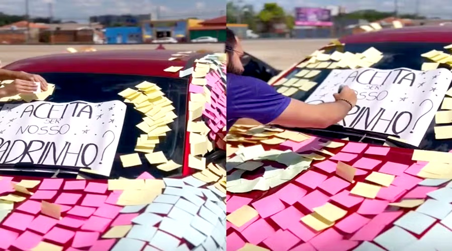 Alunos cobrem carro de professor com bilhetes ao convidá-lo para ser padrinho 