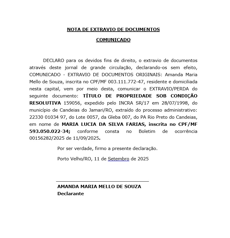 Comunicado oficial de extravio de documento original - Maria Lucia
