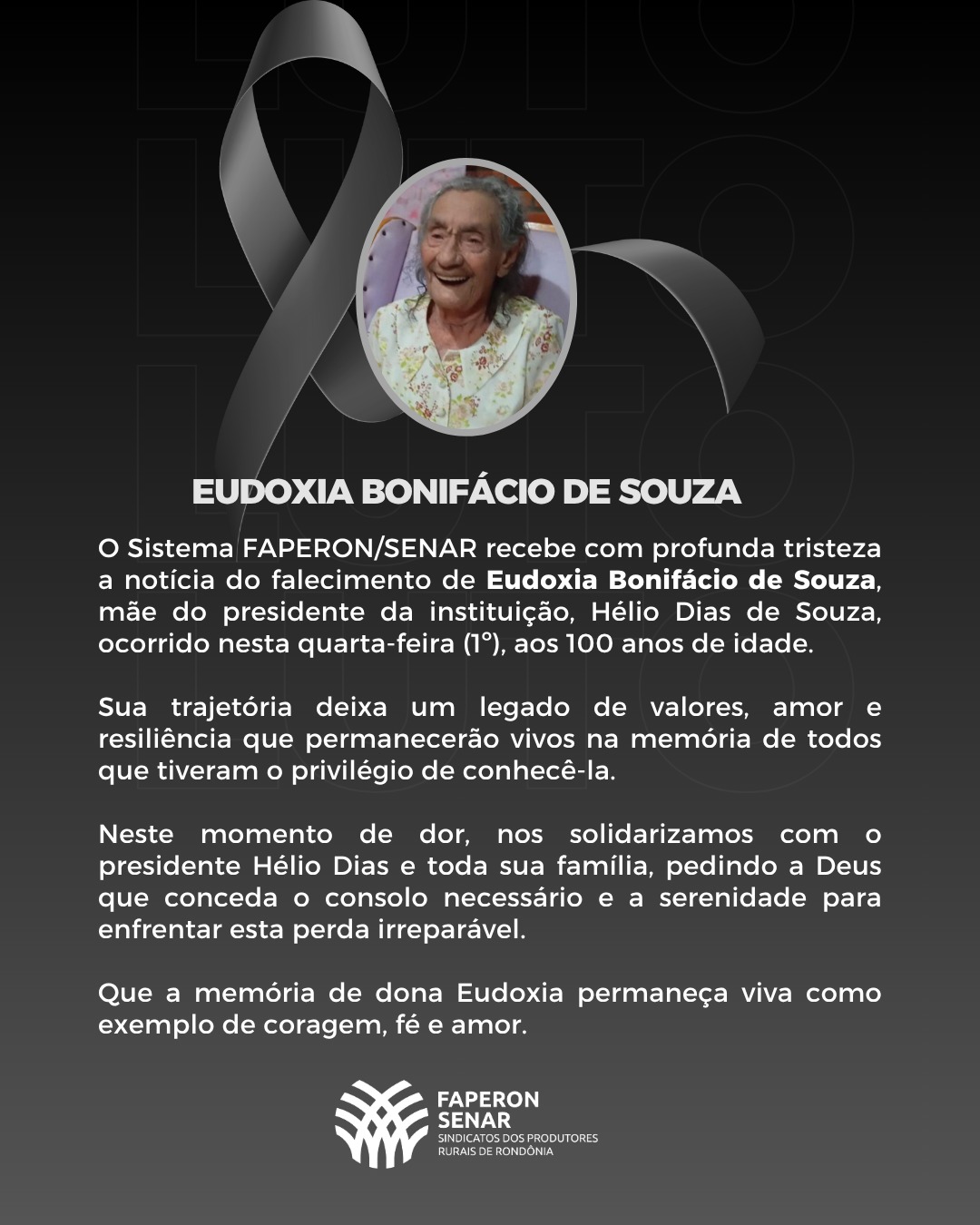 Nota de pesar pelo falecimento de dona Eudoxia Bonifácio de Souza
