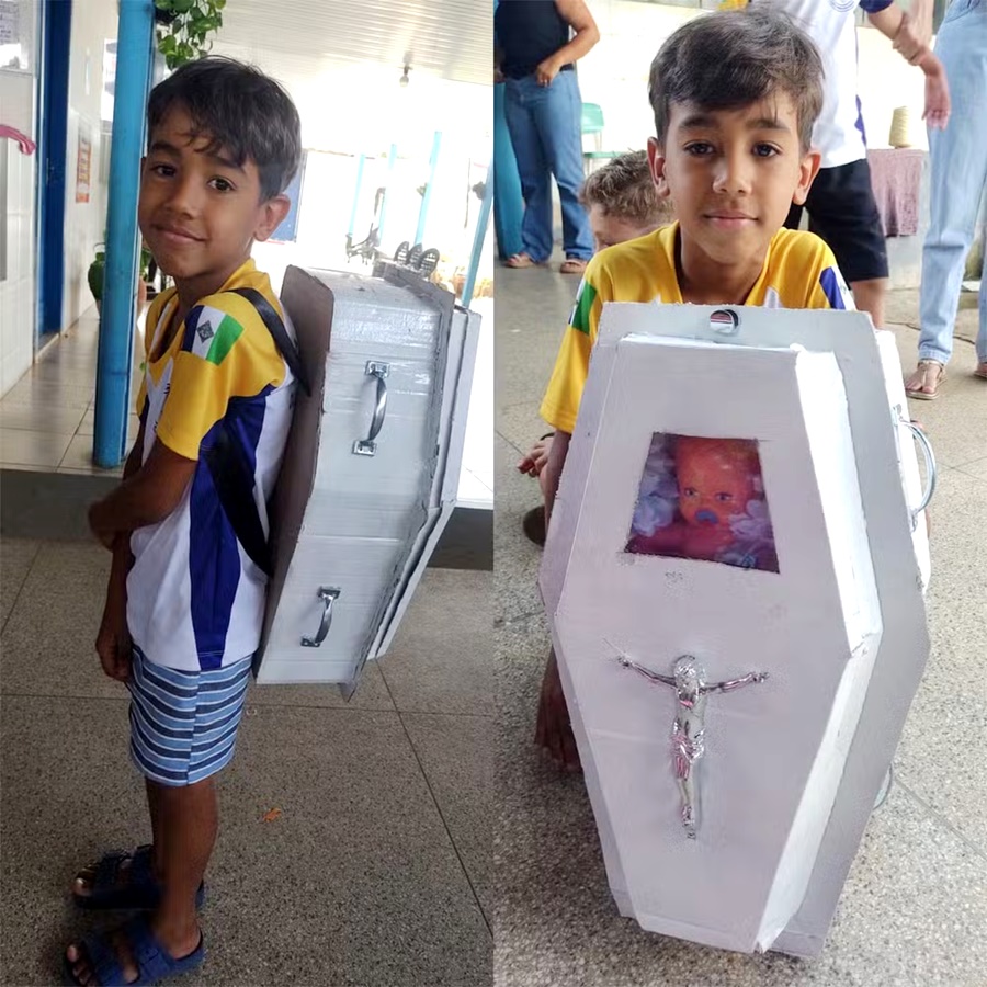 Menino de 8 anos leva mochila em forma de caixão em homenagem ao pai
