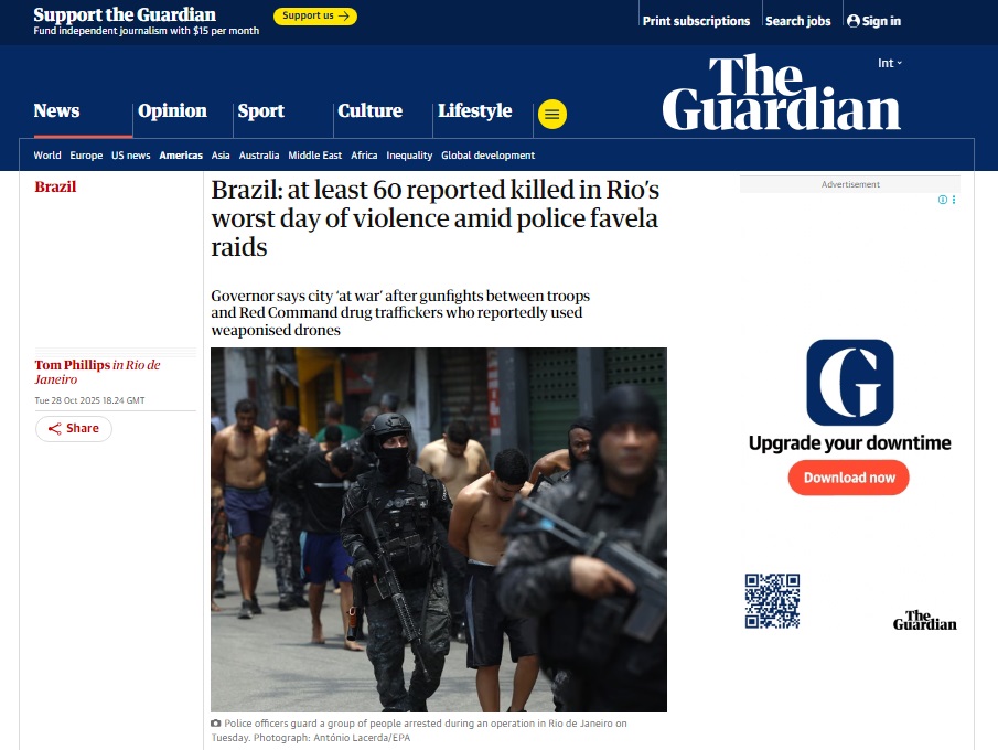 Imprensa internacional repercute megaoperação no Rio de Janeiro: "Cenas de guerra"

