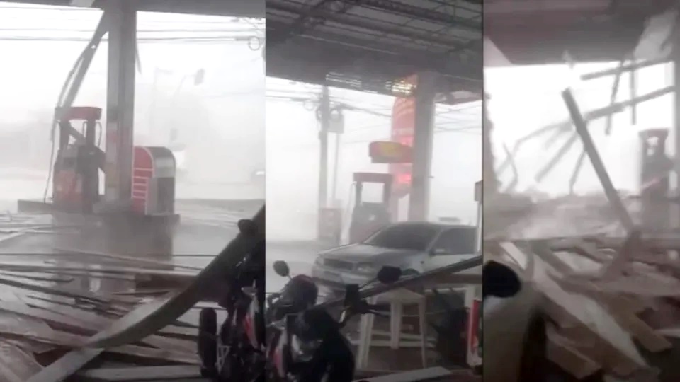 Ventania causa destruição em posto de combustível durante temporal em Porto Velho