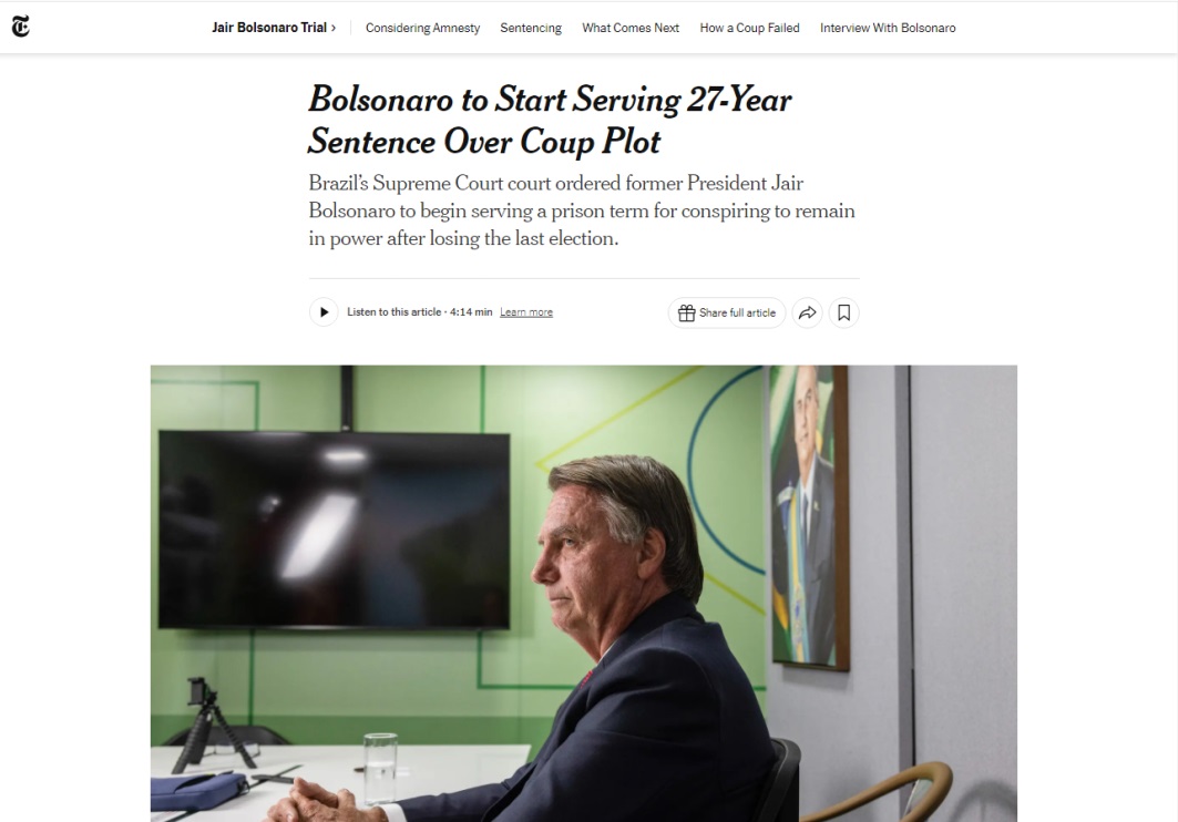 Imprensa mundial repercute pena de Bolsonaro, fim do processo e prisão de generais
