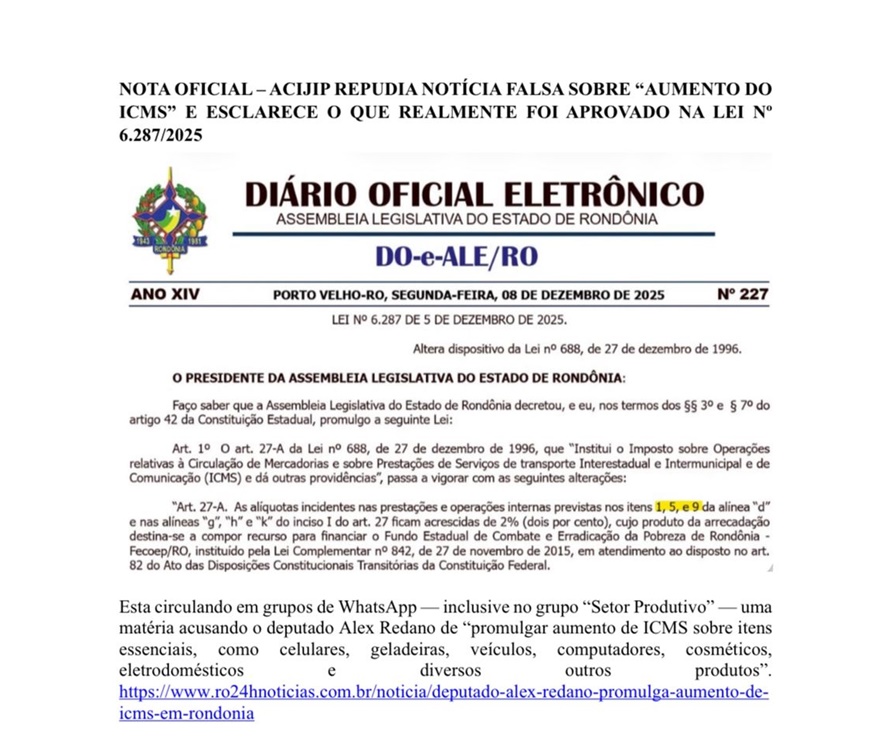 ACIP desmente Fake News sobre aumento de ICMS e explica Lei ponto a ponto