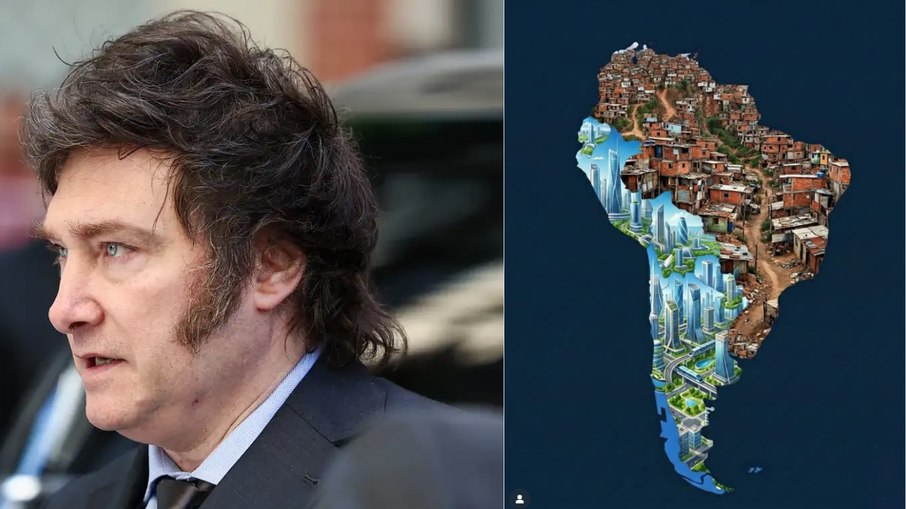 Presidente Javier Milei reposta imagem de Brasil como favela e Argentina futurista
