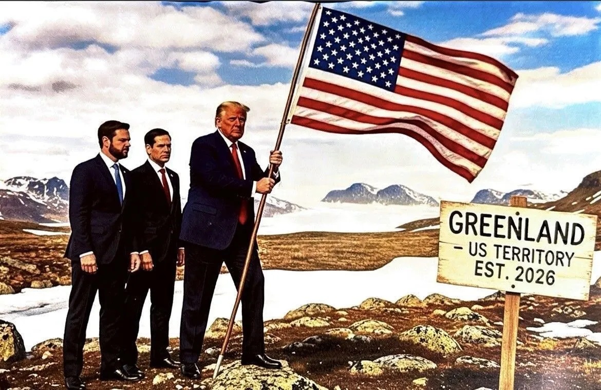 Presidente Donald Trump publica imagem de IA cravando bandeira dos EUA na Groenlândia
