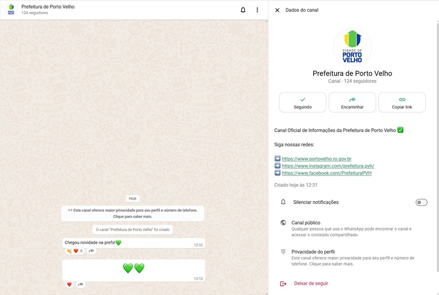 Canal oficial no WhatsApp amplia comunicação da prefeitura de Porto Velho