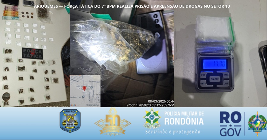 Polícia Militar prende suspeito e apreende drogas durante ação da Força Tática em Ariquemes