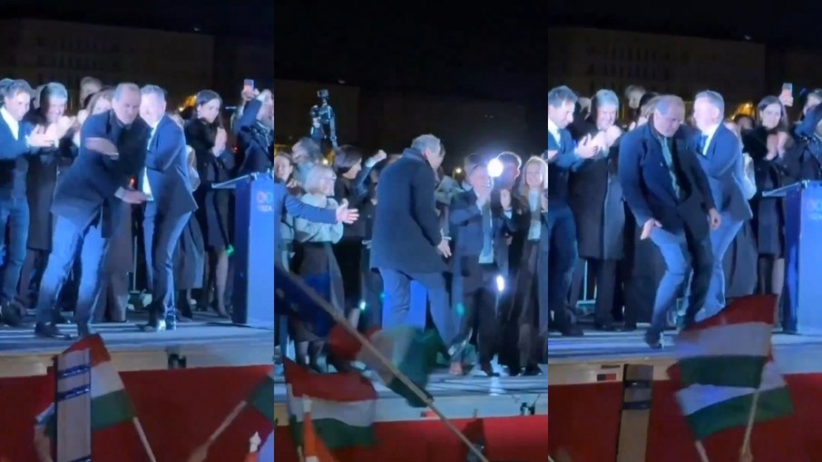 Político faz "dança" da vitória após derrota de primeiro-ministro Orbán em Budapeste na Hungria
