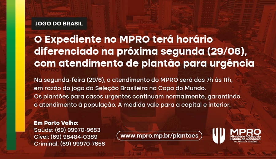 Expediente no MPRO terá horário diferenciado na segunda, com atendimento de plantão 
