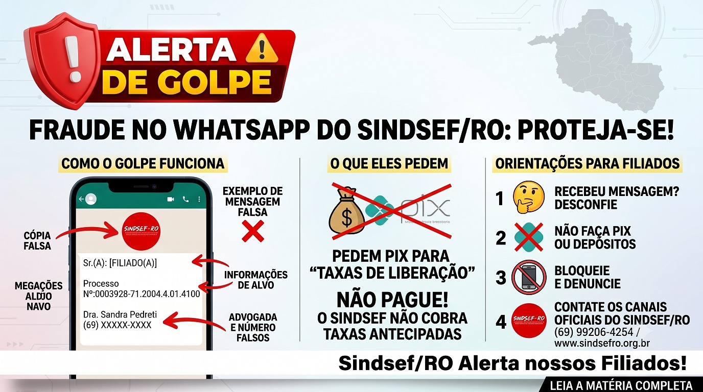 Criminosos usam nome do Sindsef/RO no WhatsApp para enganar filiados com falsos alvarás