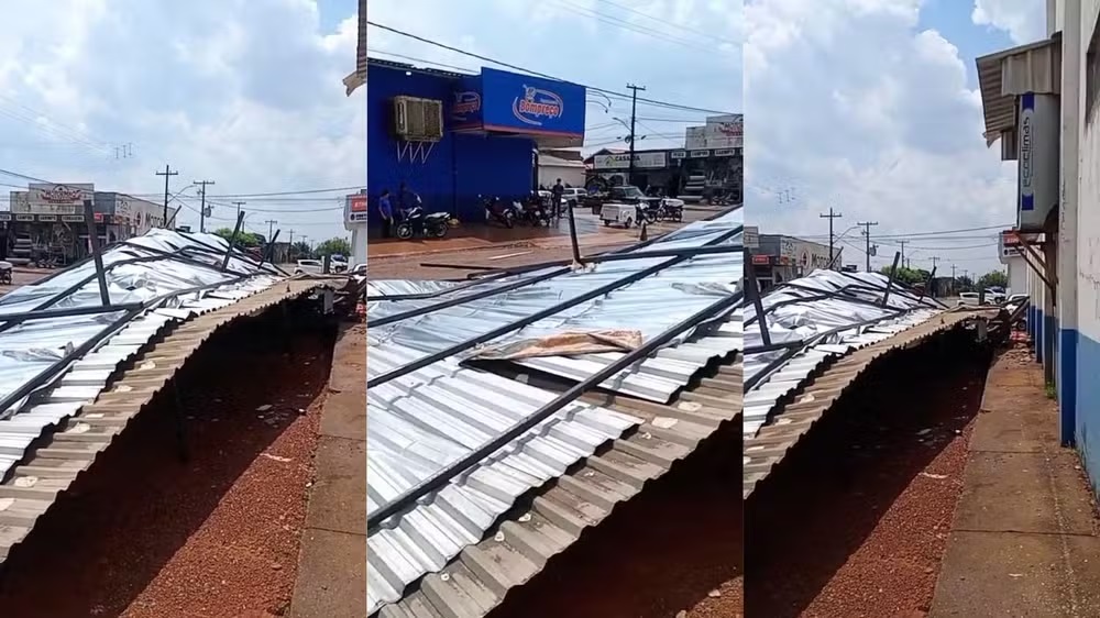 Estrutura metálica é arrastada por vento forte durante chuva em Cujubim