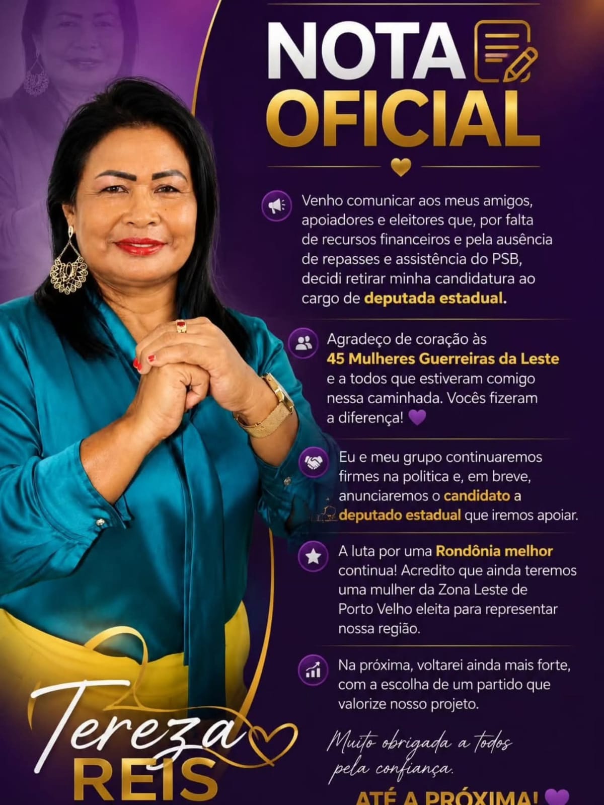 Candidata à ALE/RO desiste da disputa por falta de apoio e recursos do PSB