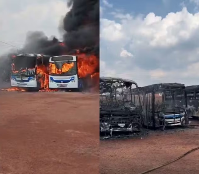 Incêndio de grandes proporções destrói três ônibus em garagem de frigorífico 