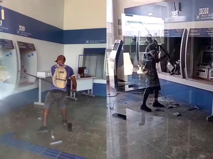 Homem tenta sacar dinheiro, se revolta e destrói caixa eletrônico com barra de ferro 