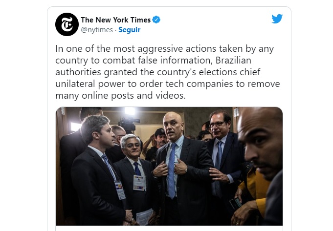 Jornal The New York Times questiona “Ações agressivas” de Moraes nas eleições 