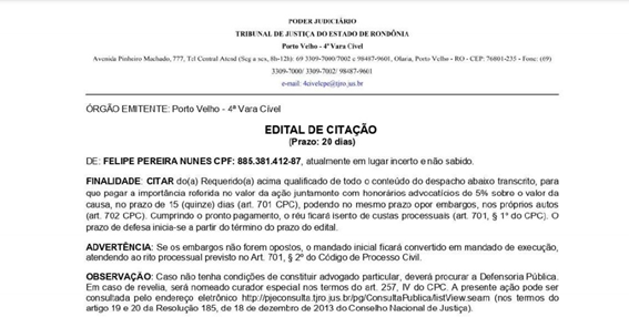 Edital de citação de Felipe Pereira Nunes expedida pela 4ª Vara Cível da Capital