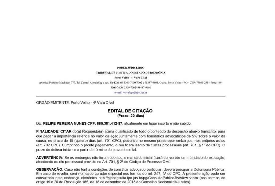 Edital de citação de Felipe Pereira Nunes expedida pela 4ª Vara Cível da Capital