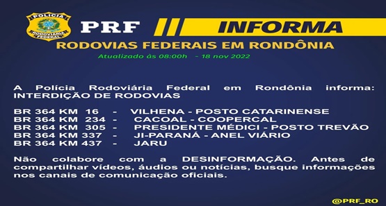 Rondônia amanheceu com cinco trechos interditados da BR-364, informa PRF