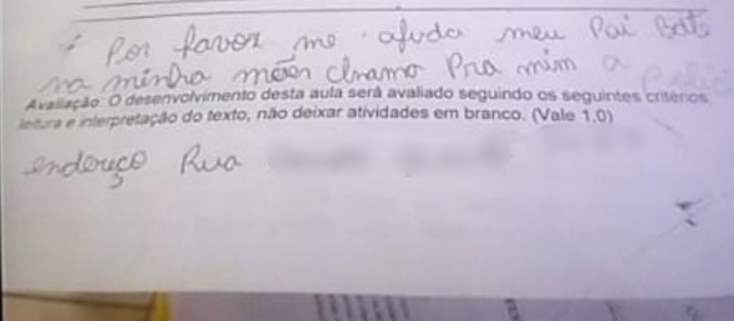 Criança pede socorro em anotação na prova escolar em Rondônia
