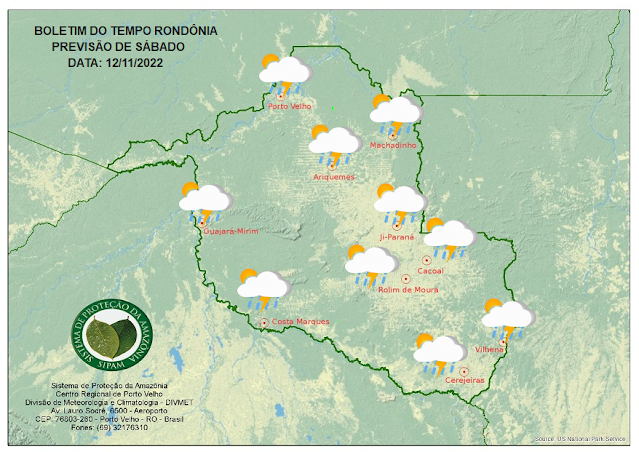 Para sábado a previsão é de sol entre nuvens e tempo abafado, com possibilidade de chuva